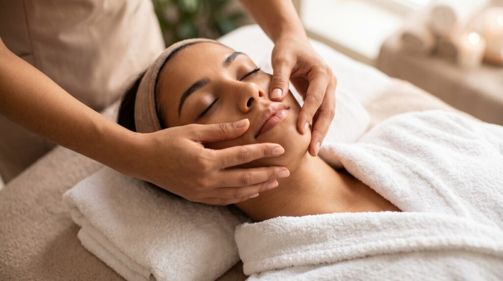 Professional Relaxing Facial Massage for Young Woman in Wellness Spa. Holistic Skin Care and Lymphatic Drainage Treatment. Beauty Therapist Massaging Face for Rejuvenation.